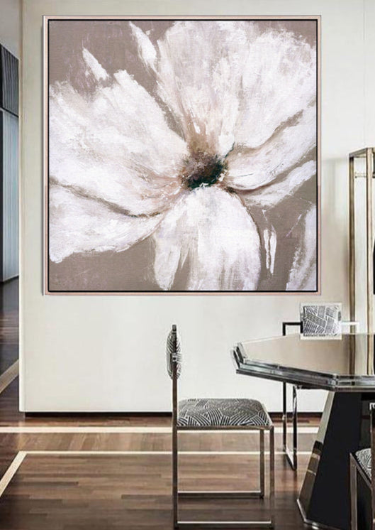 257 Beige Maleri - Hvid Blomst