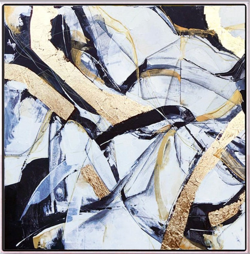 292 Maleri med bladguld - Sort&Hvid – Store Abstrakte Malerier